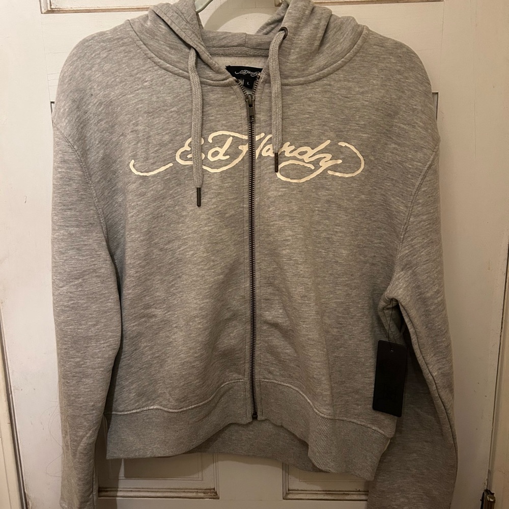 Gray Ed Hardy Zip-Up Hoodie w/ La Virgen Design